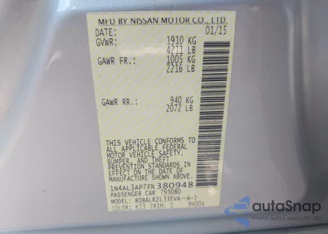 2015 Nissan Altima 2.5 Sl from USA, damaged, VIN 1N4AL3AP7FN380948
